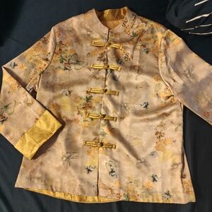 Floral Mandarin Collar Toggle Jacket in Gold and Beige